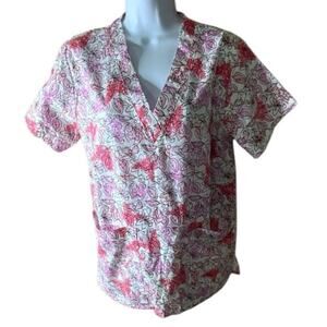 Delta Uniform Abstract Floral Top Womens XS V-Neck Short Sleeve AOP Workwear